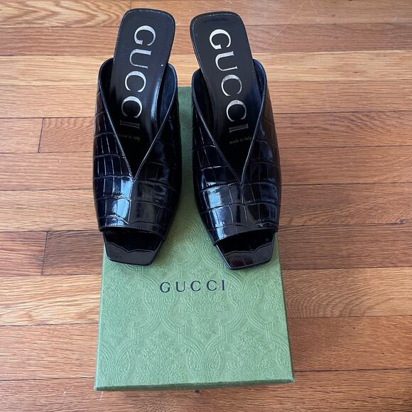 Gucci Black Leather Croc Embossed Mules Sz 39 - Picture 11 of 11
